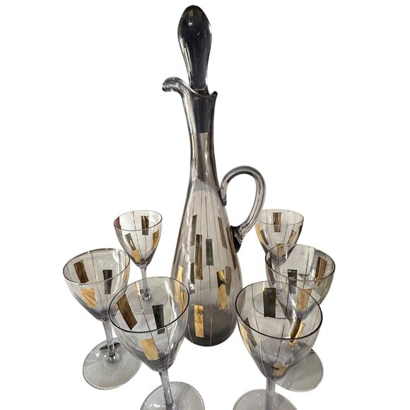 VTG Hand Blown Crystal Decanter 6 Glasses MCM 60’s Smoky Lavender Gold Hungary - Picture 2 of 12